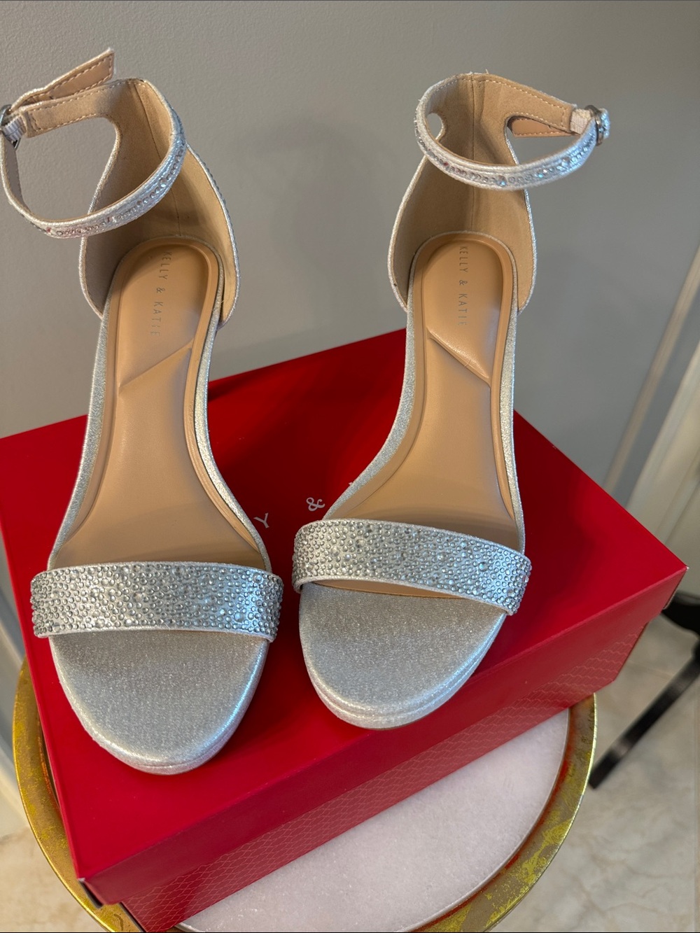 Kelly & Katie Silver Rhinestone Ankle-Strap Heels